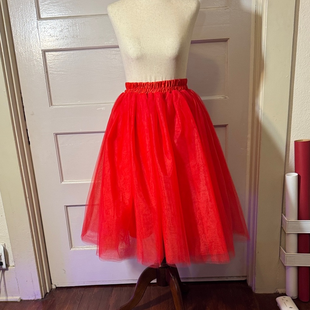 Elegant Red Satin lined Tulle Midi A-line  Skirt